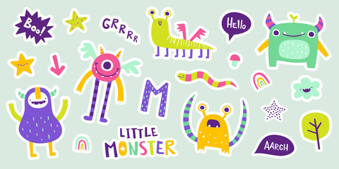 Wall Mural - set of cute doodle monster stickers. vector collection of friendly beasts for kids. bright cartoon m