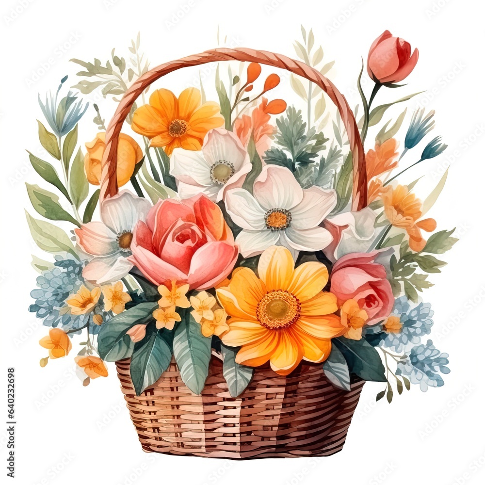 watercolor basket with wild flowers isolated on white background Stock ...