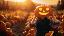 Girl With Orange Halloween Pumpkins In The Field