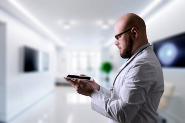 Poster - Doctor in hospital works on a digital tablet for research