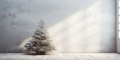 Minimalistic Christmas tree, fir on textured concrete background. New Year and Christmas mockup. Place for text.  Generative ai