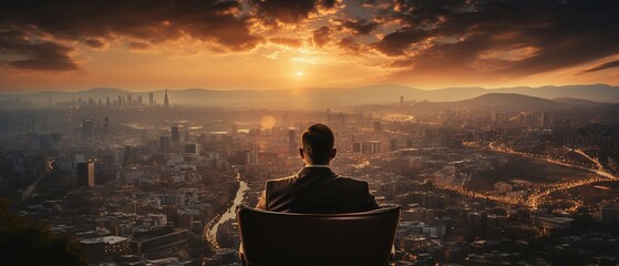 A businessman watches the city while sitting in a chair and smoking a cigar..