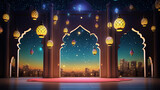 Fototapeta  - Vibrant Ramadan Kareem Islamic backdrops adorned with lanterns, radiating festive hues and spiritual warmth