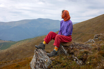 Wall Mural - girl tourist on the background of a mountain landscape