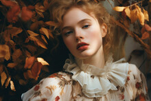 Portrait Of A Woman/model/book Character In Autumn Colours Cottage Core Leafs October Setting In A Fashion/beauty Editorial Magazine Style Film Photography Look - Generative Ai Art