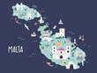 Malta island hand drawn illustrated map with attractions, travel destinations.