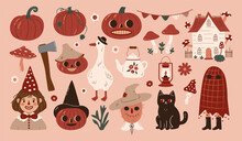 Vintage Halloween Farm Collection In Hand Drawn Style. Harvest Time Cottagecore Stickers. Country Autumn Clipart. Pumpkins, Gnome, Goose, Cat, Ghost, Scarecrow, Elements. Cute Vector Illustration