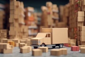 Wall Mural - A small cartoon truck placed in some cardboard boxes