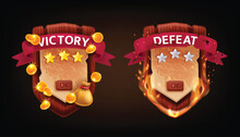 3D Victory Defeat Game Badge UI Wooden Shield Award, Vector Medieval RPG Success Screen, Sword. Golden Coin, Money Bag Red Award Ribbon, Battle Lose Fire Sparkle Concept. Victory Defeat Clipart Kit