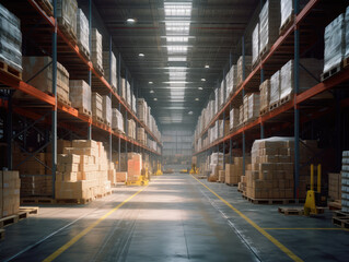 Sticker - Some goods are placed on shelves in a large warehouse