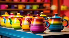 Ceramic Colorful Tea Pots On Display At A Store.  Individual Retro Coffee Pot On Storefront Display.  