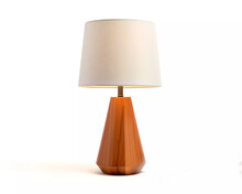 Mid Century Table Lamp Isolated On A White Background. Vintage Wooden Lamp With White Shade. 