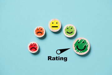 Poster - Customer evaluation indicator rating print screen wooden cube block since low to high on blue background for client satisfaction after use product and service  concept.