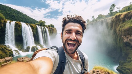 Wall Mural - a joyful happy  tourist visiting a national park captures a selfie in front of a waterfall.