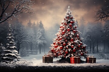 Wall Mural - Gorgeous elegant Christmas tree with gifts in red and silver on a panoramic snowy background in a foggy frosty haze