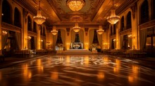 A Grand Ballroom With Crystal Chandeliers, Marble Floors, And Golden Accents