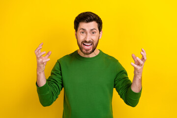 Poster - Photo of stressed irritated man wear green trendy jumper raise arms fingers negative emotion quarrel isolated on yellow color background