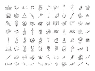 Back to School, hand drawn school supplies - big sketch set. Doodle lettering and school object collection. Education Concept. Vintage sketch element. Vector illustration. Back to School.