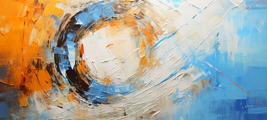 Poster - Closeup of abstract rough circular orange blue white painting texture, with oil brushstroke, pallet knife paint on canvas - Art background