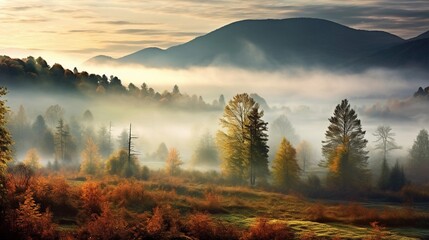 Wall Mural - Misty autumn morning in the mountains with space for text, where trees are partially covered by fog, hinting at the changing season. AI generated.