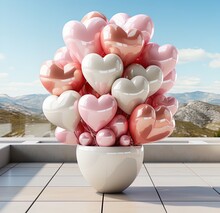 Pink Heart Shaped Balloons In A Bowl