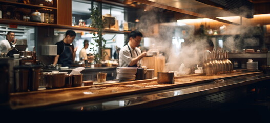 Wall Mural - Busy Japanese restaurant. staff in motion. hand edited generative AI. 
