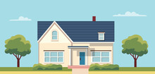Exterior Of The Residential House, Front View. Modern House On A Street In Summer In Flat Style. House For Sale. Vector Stock