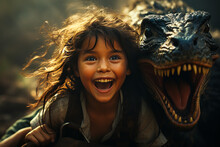 Engaging Shot Of A Little Girl Fearlessly Hugging A Large, Menacing Dinosaur In A Jurassic-themed Park, Realistic And Heartwarming Display Of Child-dinosaur Bond.