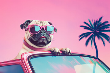 Wall Mural - Smiling happy pug dog in a pink leather punk jacket posing in a retro convertible car on a sunny day. Generative AI.