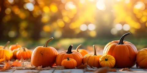 Defocused colorful bright autumn ultra wide panoramic background with blurry pumpkins and falling autumn leaves in the park. Border of orange pumpkins on a sunny day