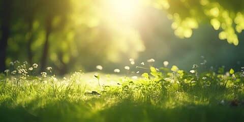 Defocused green trees in forest or park with wild grass and sun beams. Beautiful summer spring natural background