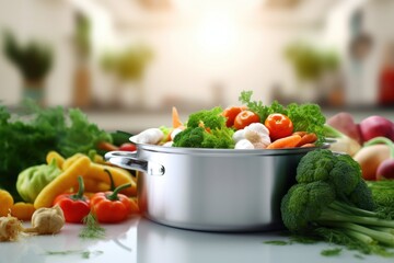 Vegetables in a pot on a wooden table in the kitchen.