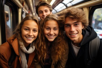 Friends - teen girls and boys, taking selfie picture together in train during joint trip. Happy smiling tourists or students.