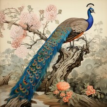 A Beautiful Peacock On The Branch With Tropical Japanese Flowers, Tree, Spring Wallpaper, Branches. Perfect For Vintage Wallpapers, Web Page Backgrounds, Surface Textures, Textile.