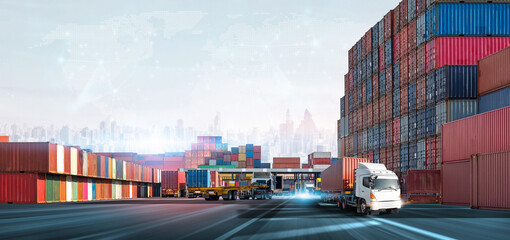 Wall Mural - Transport of container cargo truck at container yard background, Commercial seaport and depot service management system, Logistics import export goods of freight global transportation industry concept