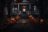 Fototapeta Młodzieżowe - Halloween jack o lantern glowing on porch of house, Generative AI