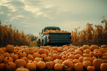 Pickup Truck With Pumpkins In The Field. Harvesting. Generative AI
