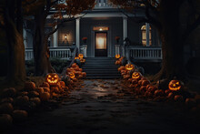Halloween Jack O Lantern Glowing On Porch Of House, Generative AI