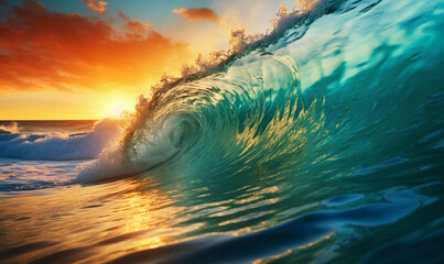 Tropical beach panorama view with foam waves before storm, seascape with Palm trees, sea or ocean water under sunset sky with dark blue clouds. Background summer