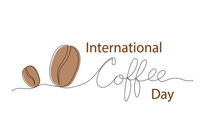Vector illustration of single line drawing of coffee beans and lettering International Coffee Day.