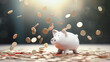 Coins falling to white piggy saving, Financial and money deposit concept