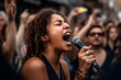 A street vocalist singing at a microphone, in front of a cheering crowd. Documentary style, ultre wide angle shot. Generative AI.