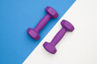 © GRON777 - The layout of two rubberized dumbbells of 2 kg of purple color on a blue-white background, top view. Sports training