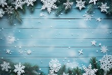 Christmas And New Year Frame Composition, Snow Flakes And Fir Tree On Blue Wooden Background. Xmas Celebration Concept. Lay Flat, Copy Space.