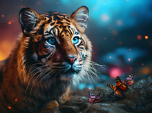 Beautiful Tiger With Blue Eyes And Colorful Butterflies, Amazing Animal World Background.