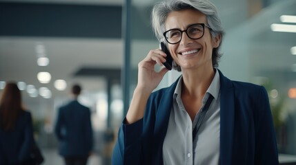 Happy smiling mature mid aged business woman, cheerful 40 years old professional lady executive manager or entrepreneur talking on phone making business call - generative AI, fiction Person