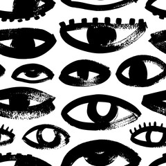 Grunge bold eyes seamless pattern. Brush drawn open black eyes ornament. Magic, mystery symbols in grunge or groovy style. Seamless pattern with quirky cartoon face elements with rough edges.