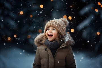 Cute child with happy face wearing a warm hat and warm jacket surrounded with snowflakes. Winter holidays concept.