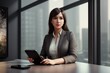 © useful pictures - Caucasian businesswoman in formal suit in office happy and cheerful during using smartphone and working