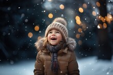 Cute Child With Happy Face Wearing A Warm Hat And Warm Jacket Surrounded With Snowflakes. Winter Holidays Concept.